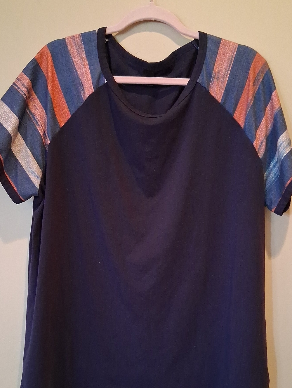 Navy Tee with Multicolor Stripe Sleeves